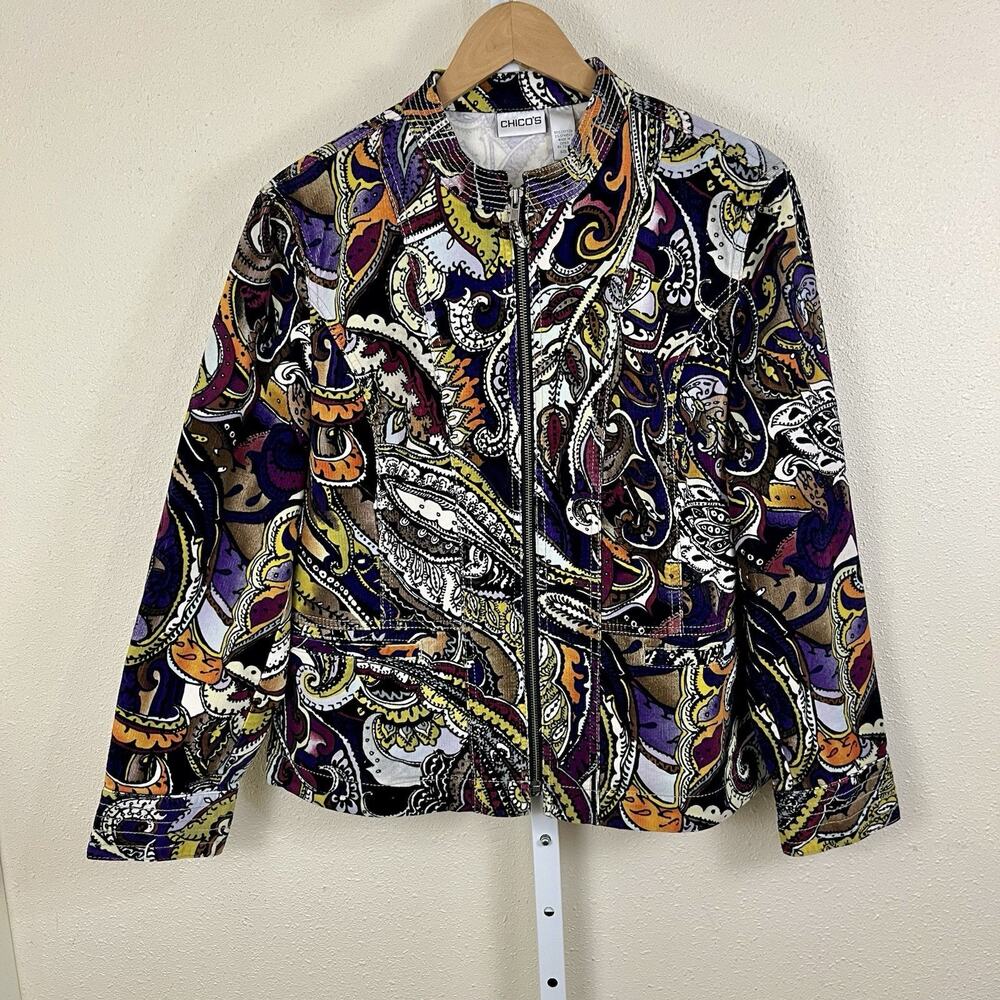 Chicos Paisley Print Corduroy Jacket Size L Large Bold Colorful Zip Collarless